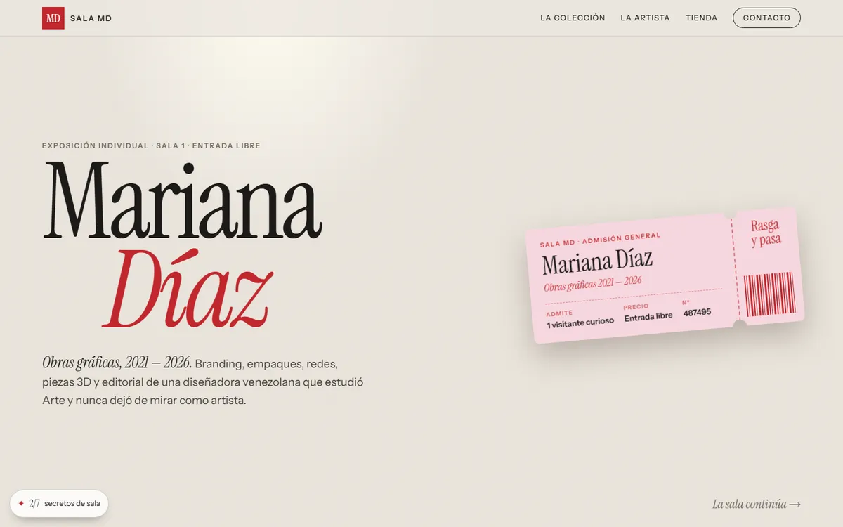 Portada de la propuesta 3: nombre en tipografía serif y entrada de museo rosa